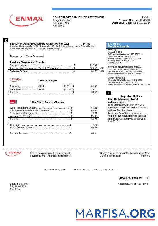 Downloadable Canada Enmax business utility bill Word and PDF template